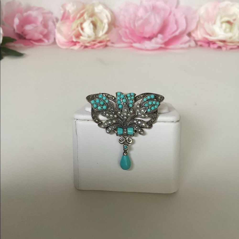 S/S PIN,SLEEPING BEAUTY TURQUOISE WITH SEED PEARLS - Picture 6 of 7